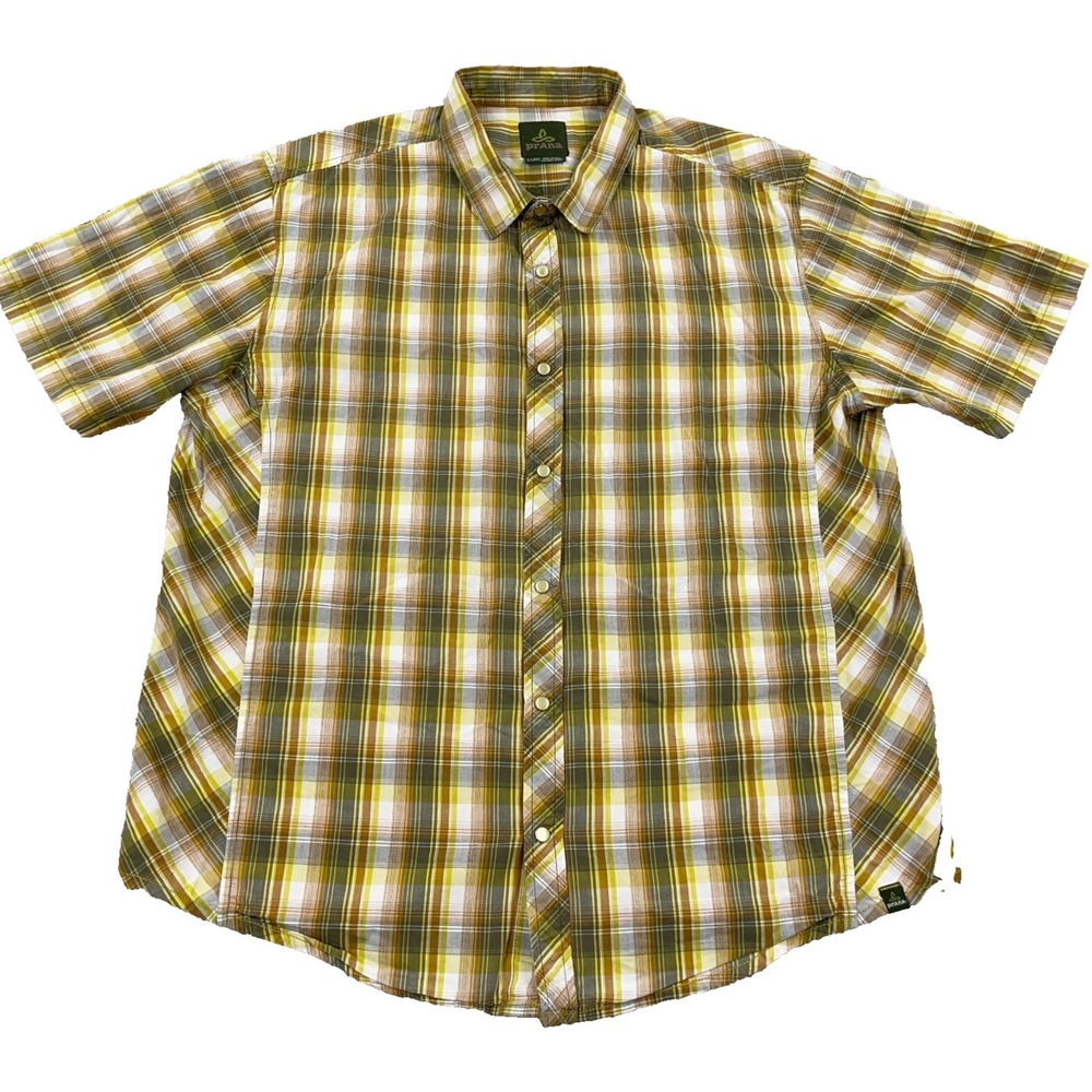Prana Shirt‎ Men XL Pearl Snap Green Yellow Plaid Organic Cotton Camp Hiking